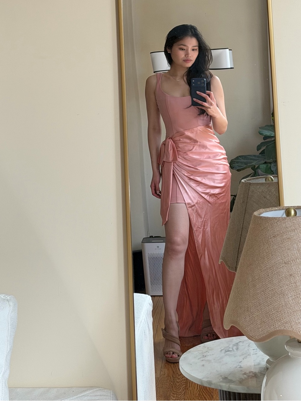 Cinq a Sept Maxi Pink Rose Satin Corset Ruched Maxi Dress Silk with High Slit
